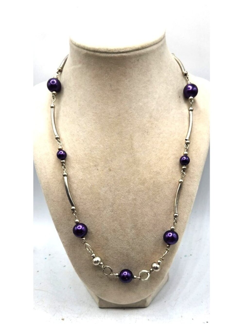 Purple & Silver Tone Beaded Necklace With Metallic Accents